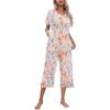 Ekouaer Women’s Pajamas Set Short Sleeve Top With Capri Pants Pjs Lounge & Sleepwear Set S-XXL(White/Orange Flower)