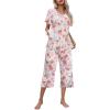 Ekouaer Women’s Pajamas Set Short Sleeve Top With Capri Pants Pjs Lounge & Sleepwear Set S-XXL(White/Red Flower)