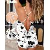 Ekouaer Womens Satin Pajama Set, Backless Cami Top and Shorts Soft Sleepwear for Lounging or Sleepwear(Black White Cow)