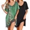Ekouaer 2 Pack Nightgowns for Women Short Sleeve Sleepshirt V Neck Nightshirt Casual Print Sleepwear(A_black/Green Ethnic Style)