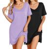 Ekouaer 2 Pack Nightgowns for Women Short Sleeve Sleepshirt V Neck Nightshirt Casual Print Sleepwear(Black/Lilac)