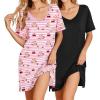 Ekouaer 2 Pack Nightgowns for Women Short Sleeve Sleepshirt V Neck Nightshirt Casual Print Sleepwear(Black/Pink Teddy)