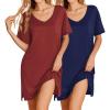 Ekouaer 2 Pack Nightgowns for Women Short Sleeve Sleepshirt V Neck Nightshirt Casual Print Sleepwear(Wine Red/Navy Blue)