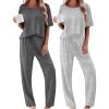 Ekouaer 2 Pack Womens Pajama Sets Short Sleeve Tops and Long Pants Casual Comfy Pjs Lounge Set with Pockets,S-XXL(Dark Grey/Grey Striped)