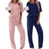 Ekouaer 2 Pack Womens Pajama Sets Short Sleeve Tops and Long Pants Casual Comfy Pjs Lounge Set with Pockets,S-XXL(Navy Dots/Light Pink Striped)