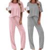 Ekouaer 2 Pack Womens Pajama Sets Short Sleeve Tops and Long Pants Casual Comfy Pjs Lounge Set with Pockets,S-XXL(Pink Dots/Black Striped)