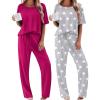 Ekouaer 2 Pack Womens Pajama Sets Short Sleeve Tops and Long Pants Casual Comfy Pjs Lounge Set with Pockets,S-XXL(Rose/Light Grey Stars)