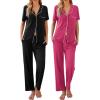 Ekouaer 2 Pack：Womens Pajamas Short Sleeve Pjs Notch Collar Button Up Loungewear Cozy Sleepwear Sets(Black_hot Pink)