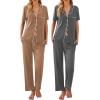 Ekouaer 2 Pack：Womens Pajamas Short Sleeve Pjs Notch Collar Button Up Loungewear Cozy Sleepwear Sets(Brown_medium Gray)