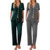 Ekouaer 2 Pack：Womens Pajamas Short Sleeve Pjs Notch Collar Button Up Loungewear Cozy Sleepwear Sets(Dark Grey_dark Green)