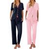 Ekouaer 2 Pack：Womens Pajamas Short Sleeve Pjs Notch Collar Button Up Loungewear Cozy Sleepwear Sets(Deep Blue_pink)