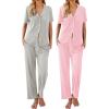Ekouaer 2 Pack：Womens Pajamas Short Sleeve Pjs Notch Collar Button Up Loungewear Cozy Sleepwear Sets(Light Gray_pink)