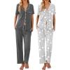 Ekouaer 2 Pack：Womens Pajamas Short Sleeve Pjs Notch Collar Button Up Loungewear Cozy Sleepwear Sets(Medium Gray_stars)