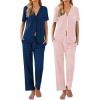 Ekouaer 2 Pack：Womens Pajamas Short Sleeve Pjs Notch Collar Button Up Loungewear Cozy Sleepwear Sets(Pink Stripe_navy Blue)