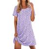 Ekouaer Cotton Nightgowns for Women Short Sleeve Sleep Shirts Pleated Night Shirts Soft Crew Neck Night Gown(Purple Flowers)