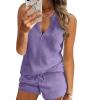 Ekouaer Pajamas Tank Top and Shorts Lounge Sets Waffle Knit V Neck Pj Short Sets Casual Outfits for Women(Purple)
