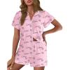 Ekouaer Pajamas for Women Set Button Up Pjs Short Sleeve Ruffle Sleepwear Notch Collar Bride Soft Pj Lounge Sets S-XXL(Pink Love Letter)
