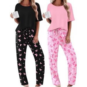 Ekouaer 2 Pack Womens Pajama Sets Short Sleeve Tops and Long Pants Casual Comfy Pjs Lounge Set with Pockets,S-XXL(Black Butterfly/Pink Butterfly)