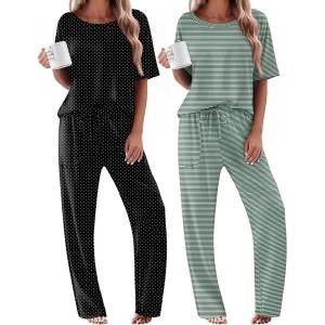 Ekouaer 2 Pack Womens Pajama Sets Short Sleeve Tops and Long Pants Casual Comfy Pjs Lounge Set with Pockets,S-XXL(Green Striped/Black Dots)