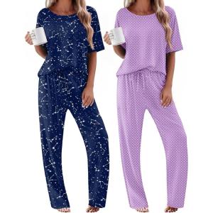 Ekouaer 2 Pack Womens Pajama Sets Short Sleeve Tops and Long Pants Casual Comfy Pjs Lounge Set with Pockets,S-XXL(Lilac Dots/Navy Star)