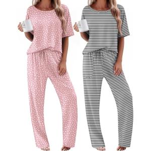 Ekouaer 2 Pack Womens Pajama Sets Short Sleeve Tops and Long Pants Casual Comfy Pjs Lounge Set with Pockets,S-XXL(Pink Dots/Black Striped)