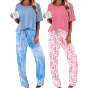 Ekouaer 2 Pack Womens Pajama Sets Short Sleeve Tops and Long Pants Casual Comfy Pjs Lounge Set with Pockets,S-XXL(Tie-dye Blue/Tie-dye Pink)