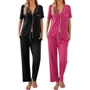 Ekouaer 2 Pack：Womens Pajamas Short Sleeve Pjs Notch Collar Button Up Loungewear Cozy Sleepwear Sets(Black_hot Pink)
