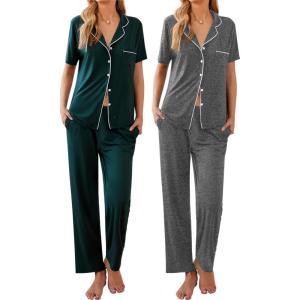 Ekouaer 2 Pack：Womens Pajamas Short Sleeve Pjs Notch Collar Button Up Loungewear Cozy Sleepwear Sets(Dark Grey_dark Green)