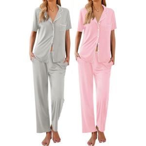 Ekouaer 2 Pack：Womens Pajamas Short Sleeve Pjs Notch Collar Button Up Loungewear Cozy Sleepwear Sets(Light Gray_pink)