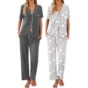 Ekouaer 2 Pack：Womens Pajamas Short Sleeve Pjs Notch Collar Button Up Loungewear Cozy Sleepwear Sets(Medium Gray_stars)