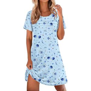 Ekouaer Cotton Nightgowns for Women Short Sleeve Sleep Shirts Pleated Night Shirts Soft Crew Neck Night Gown(Blue Star Moon)