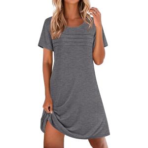 Ekouaer Cotton Nightgowns for Women Short Sleeve Sleep Shirts Pleated Night Shirts Soft Crew Neck Night Gown(Medium Grey)