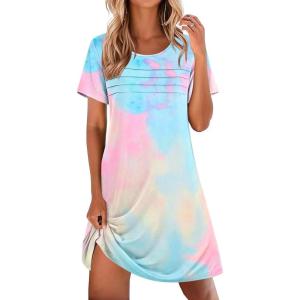 Ekouaer Cotton Nightgowns for Women Short Sleeve Sleep Shirts Pleated Night Shirts Soft Crew Neck Night Gown(Pink Tie-dye)