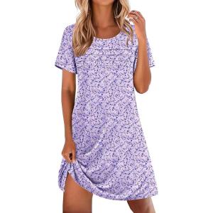 Ekouaer Cotton Nightgowns for Women Short Sleeve Sleep Shirts Pleated Night Shirts Soft Crew Neck Night Gown(Purple Flowers)