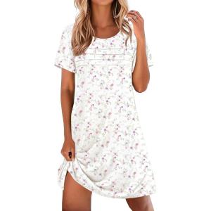 Ekouaer Cotton Nightgowns for Women Short Sleeve Sleep Shirts Pleated Night Shirts Soft Crew Neck Night Gown(White Floral)