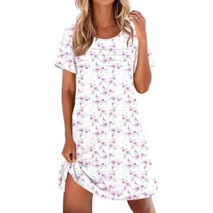 Ekouaer Cotton Nightgowns for Women Short Sleeve Sleep Shirts Pleated Night Shirts Soft Crew Neck Night Gown(White Flowers)