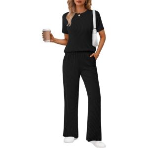 Ekouaer Lounge Sets for Women 2 Piece Matching Travel Outfits 2026 Loose Short Sleeve Top Wide Leg Pants Pockets(Black)
