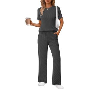 Ekouaer Lounge Sets for Women 2 Piece Matching Travel Outfits 2026 Loose Short Sleeve Top Wide Leg Pants Pockets(Dark Grey)