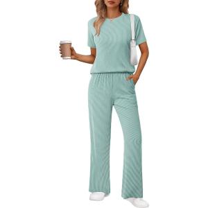 Ekouaer Lounge Sets for Women 2 Piece Matching Travel Outfits 2026 Loose Short Sleeve Top Wide Leg Pants Pockets(Glacial Green)