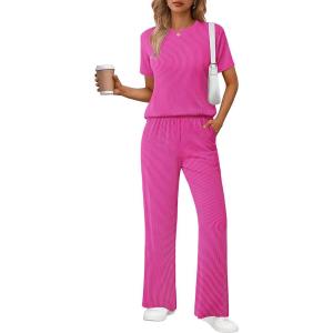 Ekouaer Lounge Sets for Women 2 Piece Matching Travel Outfits 2026 Loose Short Sleeve Top Wide Leg Pants Pockets(Hot Pink)