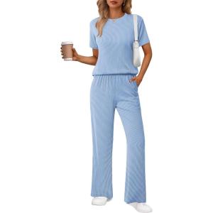 Ekouaer Lounge Sets for Women 2 Piece Matching Travel Outfits 2026 Loose Short Sleeve Top Wide Leg Pants Pockets(Sky Blue)