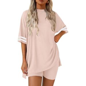 Ekouaer Lounge Sets for Women Casual Oversized Short Sleeve Tops Biker Shorts Soft Comfy Pajama Sets 2 Piece Outfits S-XXL(Beige)