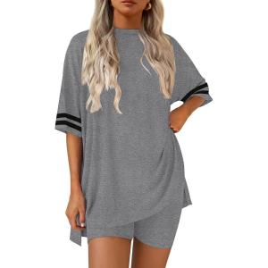 Ekouaer Lounge Sets for Women Casual Oversized Short Sleeve Tops Biker Shorts Soft Comfy Pajama Sets 2 Piece Outfits S-XXL(Grey)