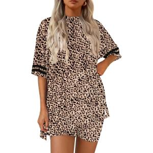 Ekouaer Lounge Sets for Women Casual Oversized Short Sleeve Tops Biker Shorts Soft Comfy Pajama Sets 2 Piece Outfits S-XXL(Leopard)