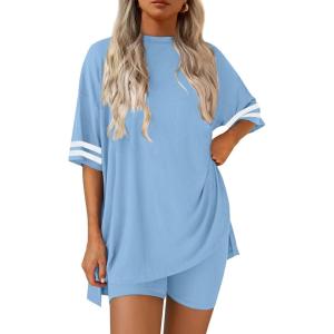 Ekouaer Lounge Sets for Women Casual Oversized Short Sleeve Tops Biker Shorts Soft Comfy Pajama Sets 2 Piece Outfits S-XXL(Light Blue)