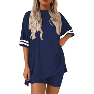 Ekouaer Lounge Sets for Women Casual Oversized Short Sleeve Tops Biker Shorts Soft Comfy Pajama Sets 2 Piece Outfits S-XXL(Navy)
