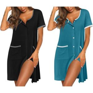 Ekouaer Nightgowns for Women 2 Pack Button Down Sleep Shirts Short Sleeve Nightshirt Sleepwear House Dress with Pockets(Black/Blue Green)