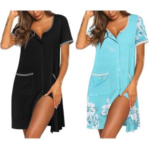 Ekouaer Nightgowns for Women 2 Pack Button Down Sleep Shirts Short Sleeve Nightshirt Sleepwear House Dress with Pockets(Black/Green Floral)