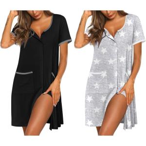 Ekouaer Nightgowns for Women 2 Pack Button Down Sleep Shirts Short Sleeve Nightshirt Sleepwear House Dress with Pockets(Black/Grey Stars)