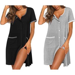 Ekouaer Nightgowns for Women 2 Pack Button Down Sleep Shirts Short Sleeve Nightshirt Sleepwear House Dress with Pockets(Black/Light Grey)